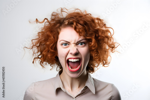 Angry woman shouting or screaming. Facial emotions. Empty space studio shot