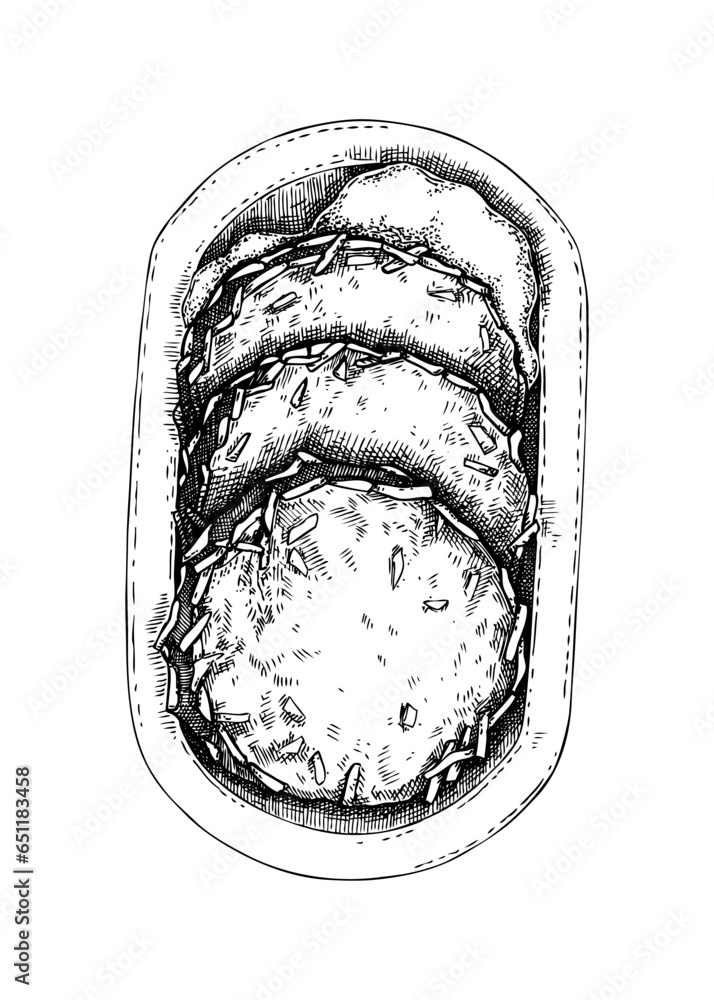 Potato pancake with sauce on plate sketch. Handdrawn vector