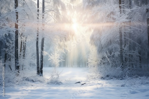 Winter forest with frost and snow, sun rays penetrate through the trees © PinkiePie