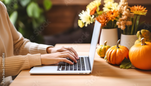 Young woman with laptop, vase with flowers, pumpkins and fall leaves work place at home. Cozy Work place at home. Autumn mood 