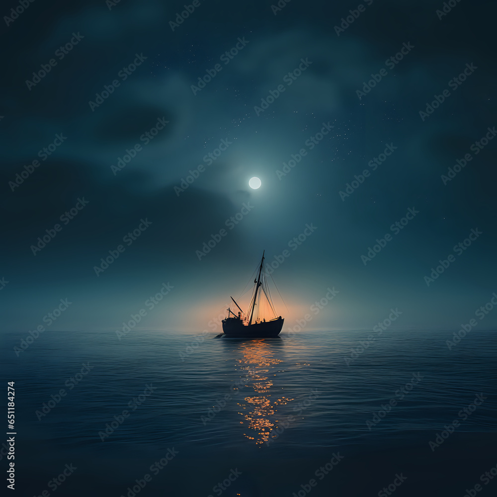 Night on the ocean, moon and ship 2
