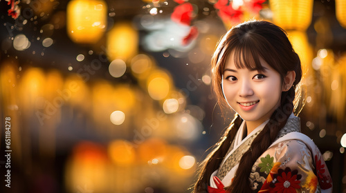 Portrait of young woman wearing Kimono in night scene of Japan (Christmas Festival)