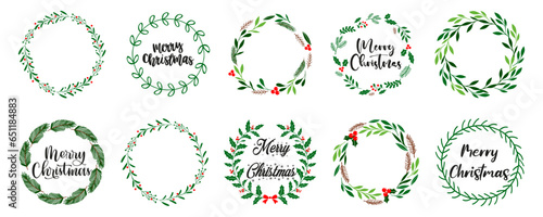Christmas wreath with winter floral elements. Merry Christmas wreath with text. Christmas decoration wreath frame. Winter Christmas wreath