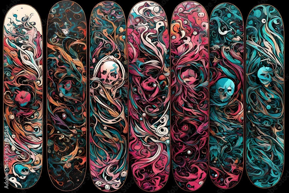 Skateboard deck designs with pink multi colors.