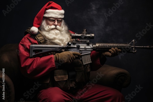 Studio shot of santa claus shooter with long beard aiming rifle. photo