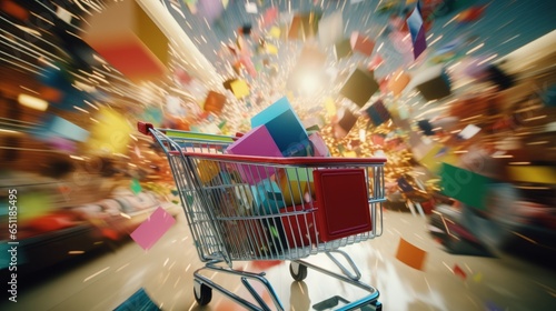 A shopping cart with a vibrant and colorful backdrop photo