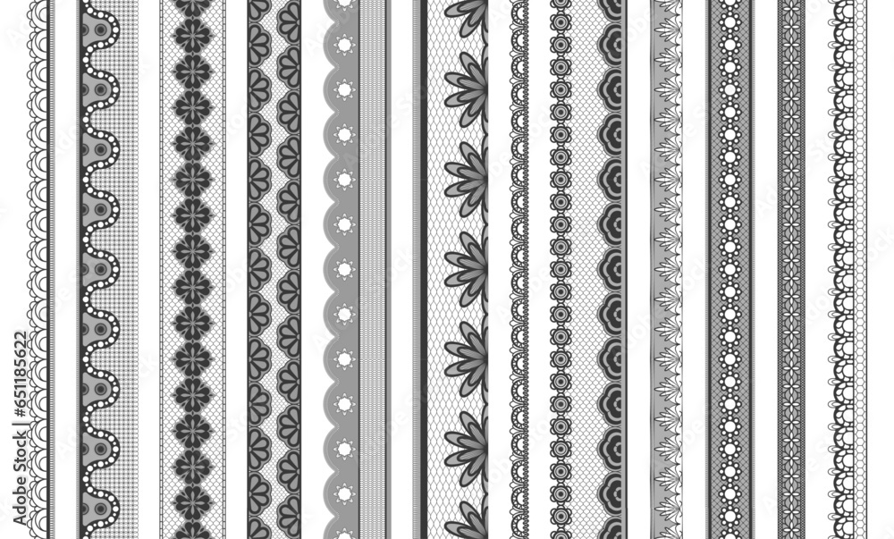 Lace ribbons. Geometric ornamental lace trim, floral romantic tracery elements, vintage romantic textile for greeting card invitation design. Vector set. Handmade embroidered cotton fabric Lace ribbons. Geometric ornamental lace trim, floral romantic tracery elements, vintage romantic textile for greeting card invitation design. Vector set. Handmade embroidered cotton fabric