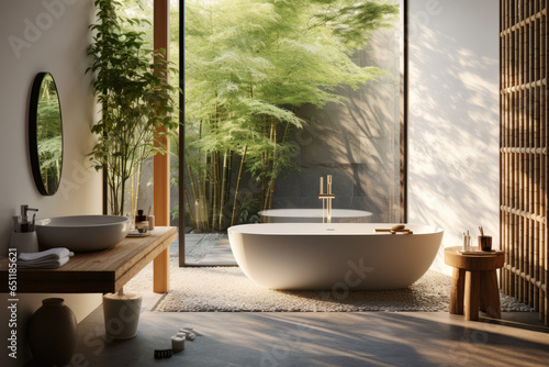 Biophilic Design, A spa-like bathroom with a freestanding bathtub placed near a window, offering a relaxing view of a private garden. Bamboo and stone, living moss. © GustavsMD