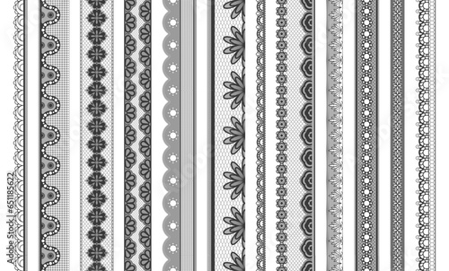 Lace ribbons. Geometric ornamental lace trim, floral romantic tracery elements, vintage romantic textile for greeting card invitation design. Vector set. Handmade embroidered cotton fabric