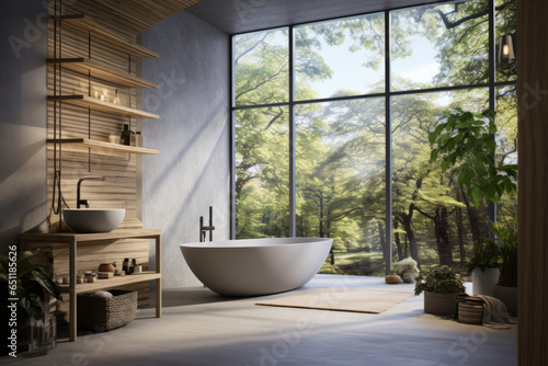 Biophilic Design  A spa-like bathroom with a freestanding bathtub placed near a window  offering a relaxing view of a private garden. Bamboo and stone  living moss.
