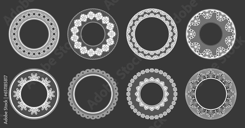 Lace doily. Decorative handmade embroidery net, vintage floral boho embroidery elements for scrapbooking and wedding decoration. Vector collection. Romantic classic ornament of round shape