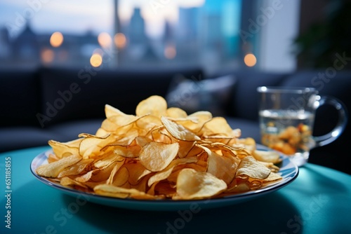 Crispy chips on a coffee table in a contemporary, unoccupied, blue hued living room