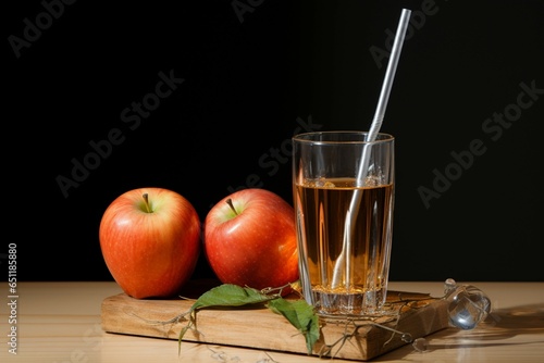 Crisp delight An apple sits near a cardboard box and a straw filled glass