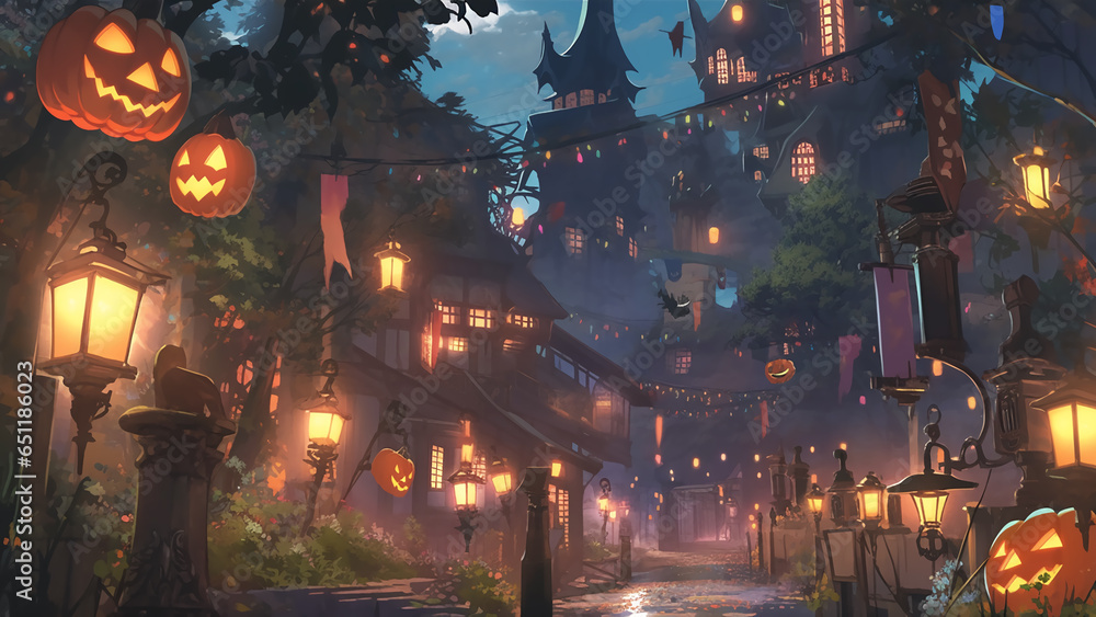 Halloween Day's background with castles, shops and houses. Generative AI Halloween Day's background with castles, shops and houses. Generative AI