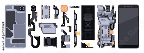 Phone disassembly parts. Smart phone open and closed, mobile device with camera and memory elements, electronic device service. Vector set. Repairing cellphone components, electronic service