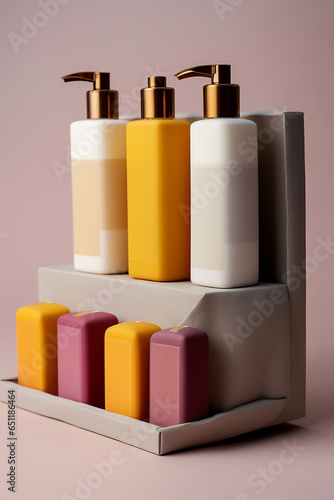 Body skincare set with minimal background and shadow. Different cosmetics products have subtle color variations. Yellow and brown, dark white and light magenta. Cosmetic product presentation