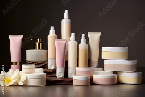 Body skincare set with minimal background and shadow. Different cosmetics products have subtle color variations. Yellow and brown, dark white and light magenta. Cosmetic product presentation © Canvas Alchemy