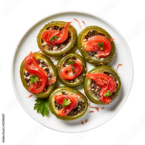 Top view of Mexican food Entomatadas isolated on a white transparent background  photo