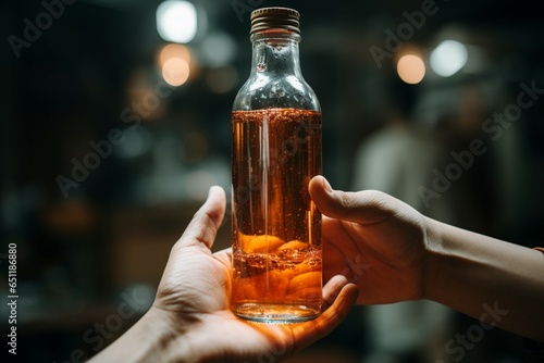 Hand holds up a bottle of liquid, inviting curiosity and wonder