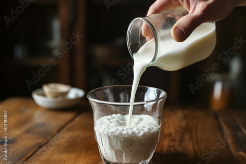 Hand pours milk into a glass on a table, a beverage preparation