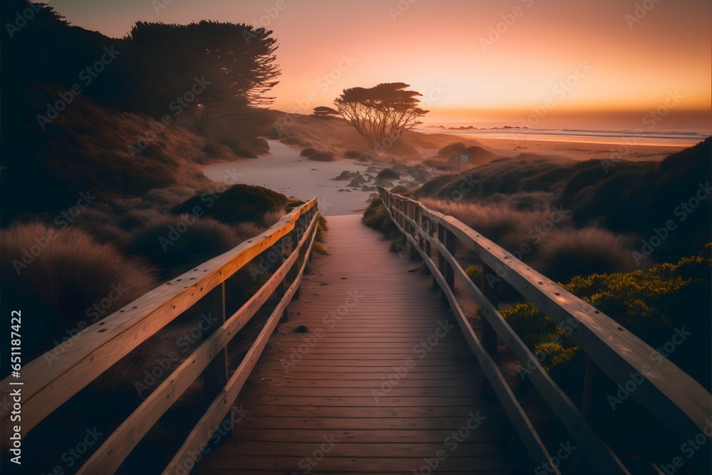 a wooden walkway leading to a beach at sunset in Cambria a beautiful and intricate matte painting trending on unsplash breathtaking scenery  - obrazy, fototapety, plakaty 