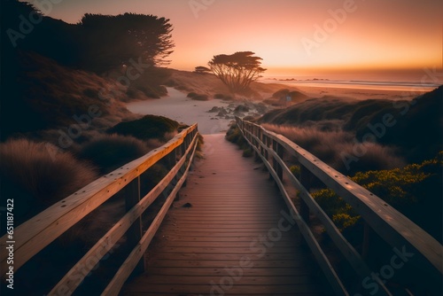 a wooden walkway leading to a beach at sunset in Cambria a beautiful and intricate matte painting trending on unsplash breathtaking scenery 