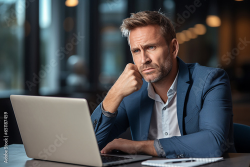 Male corporate employee or financial accountant working in office. Serious man sitting at his desk with laptop computer and paperwork, looking at screen with confused face expression and thinking
