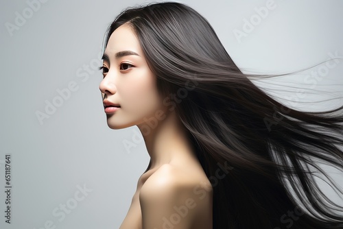 Beautiful long hair asian woman model hair smooth brunette hairstyle model, Product model advestising, Generative AI
