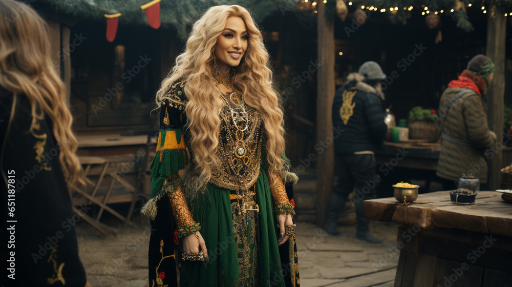 Costume of a queen, adult woman with dyed blonde hair, wearing a noble dress, nobility and prosperity Costume of a queen, adult woman with dyed blonde hair, wearing a noble dress, nobility and prosperity