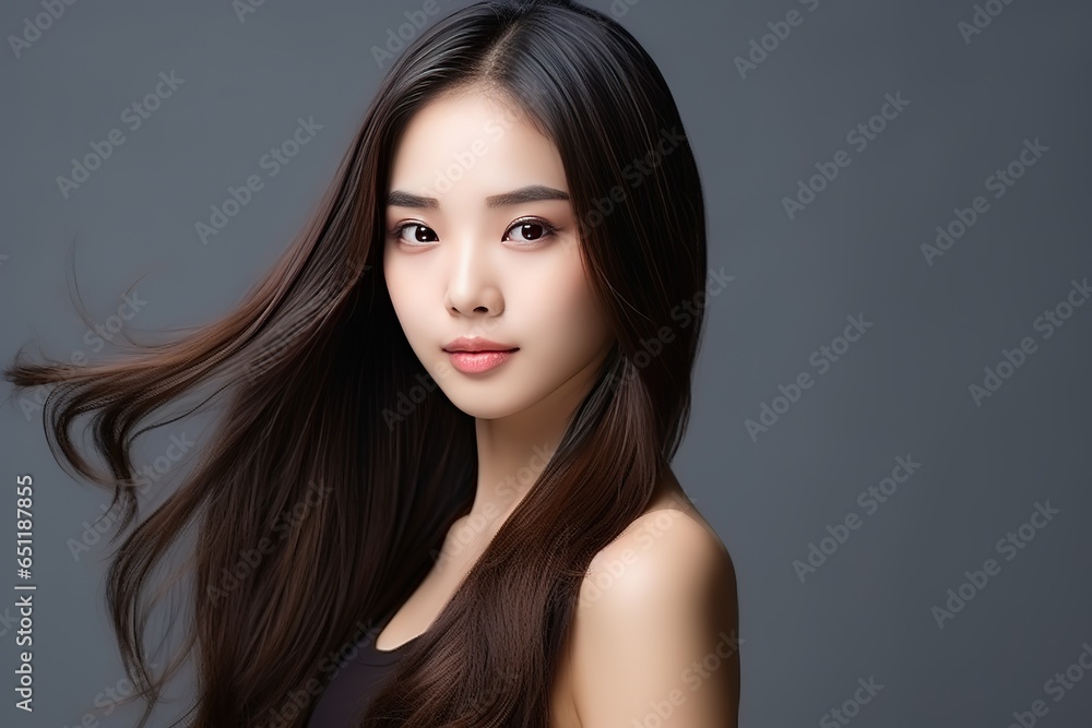 Beautiful long hair asian woman model hair smooth brunette hairstyle model, Product model advestising, Generative AI