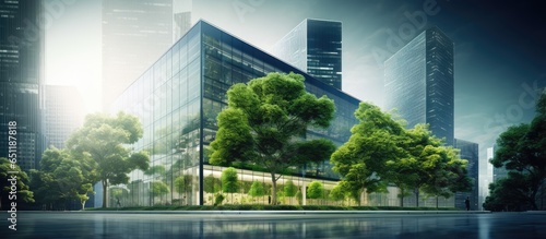 Modern city implements sustainable green building practices and encourages corporate buildings to reduce CO2 emissions by adopting eco friendly and green architecture such as sustainable gla