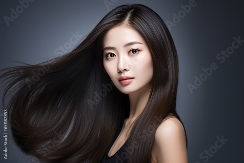 Beautiful long hair asian woman model hair smooth brunette hairstyle model, Product model advestising, Generative AI photo