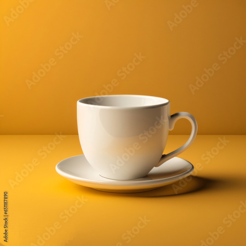 Cute white mug on yellow studio background
