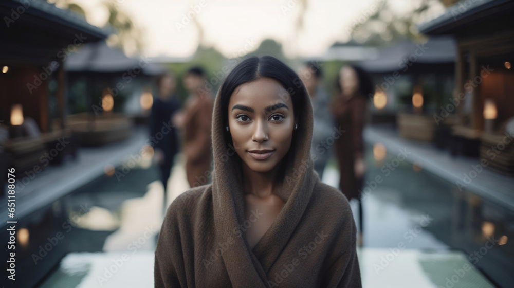 luxurious villa or resort or hotel, with friends, walk-in swimming pool, shallow water, or pond, sunbeds