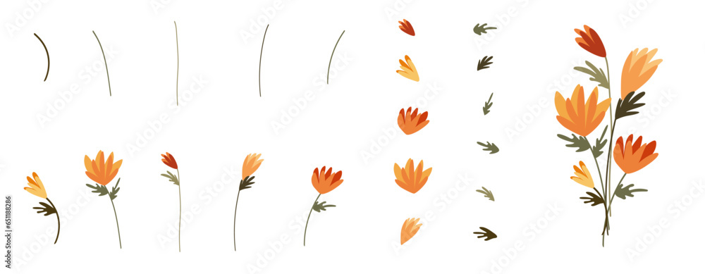 A set of elements for a bouquet of asters in a naive style in an autumn palette