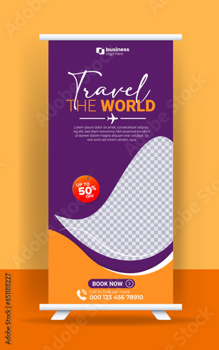 Enjoy holiday roll up banner design. Travel and tourism agency standee design template.
