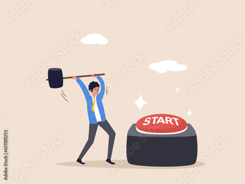 Motivation concept. Push start button to start new business, entrepreneur to begin new company, startup launch project, opportunity, decision to make, businessman run to push red start button.