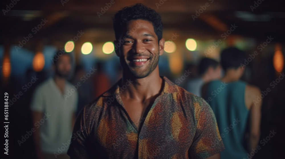 happy smiling adult man, wearing summer shirt, tanned skin color, on tropical vacation on an island, nightlife and partying happy smiling adult man, wearing summer shirt, tanned skin color, on tropical vacation on an island, nightlife and partying