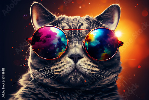 Hipster Cat with glasses in dark background. Fashion art design. Modern, Creative design. Look, vision. Beautiful kitten. © imagemir