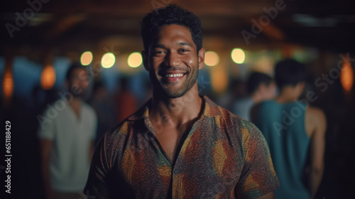 happy smiling adult man, wearing summer shirt, tanned skin color, on tropical vacation on an island, nightlife and partying