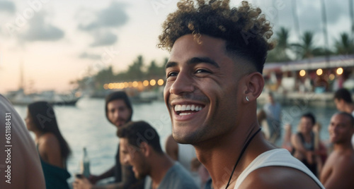 happy smiling young man, wearing muscle shirt, on the beach by the sea or lake, joyful and happy