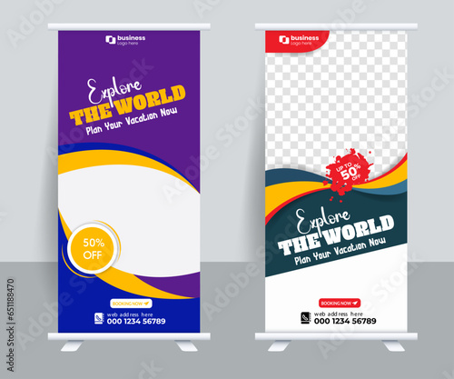 Enjoy holiday roll up banner design. Travel and tourism agency standee design template.