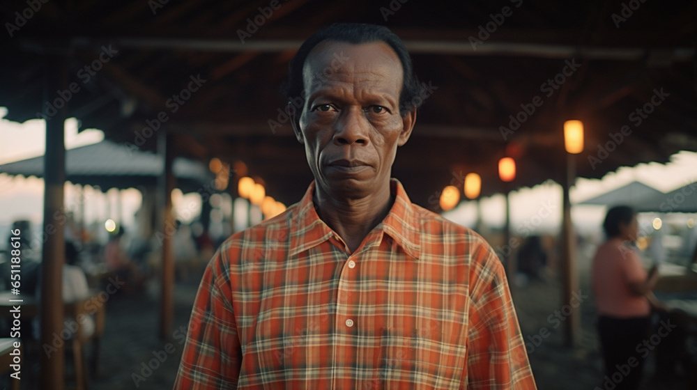 A grim facial expression or unhappy and dissatisfied middle age man with dark skin color and simple checked shirt, on a sandy beach after the rain