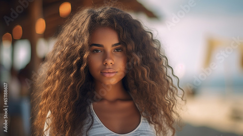 Attractive young adult woman on tropical dream beach, vacation or local slim woman with dark skin color