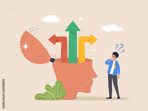 Doubt concept. Decision to choose choice, option or opportunity, challenge to select career path, decide business direction, thinking for solution, businessman decide way of success in his own head.