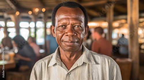 Mature adult man, South America South American, dark skin color, friendly sympathetic smile, in a restaurant or on a veranda