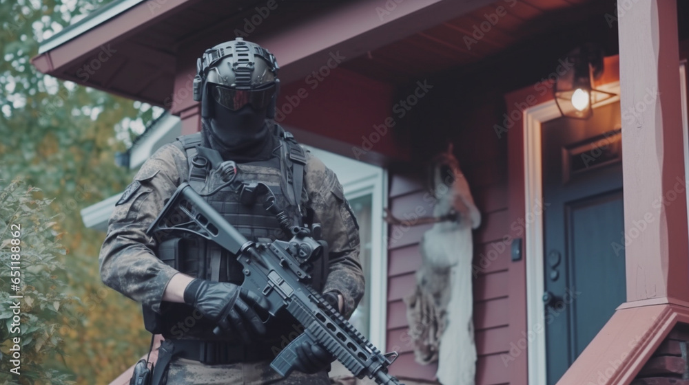 An adult Caucasian man stands in front of the house in a military uniform, wearing a helmet and visor and fully automatic machine gun, military look, special forces or stand your ground