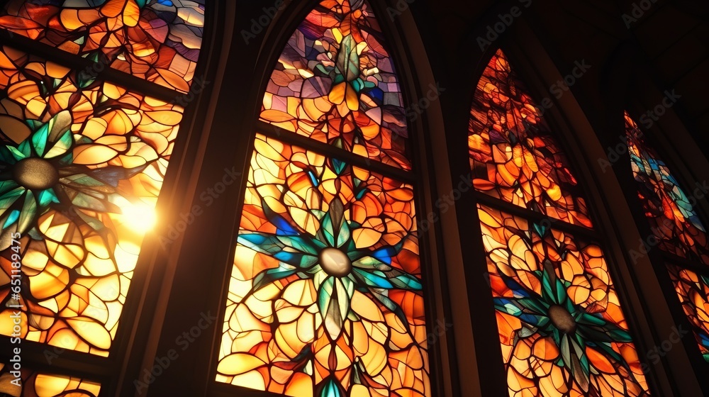 A vibrant stained glass window up close A vibrant stained glass window up close