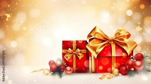 Christmas red gift box with gold ribbon illustration, sparkling background