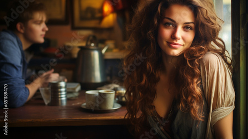 A young adult woman, 30s, wearing open cozy casual shirt, light soft fabric, sitting at a wooden table in a cafe or restaurant